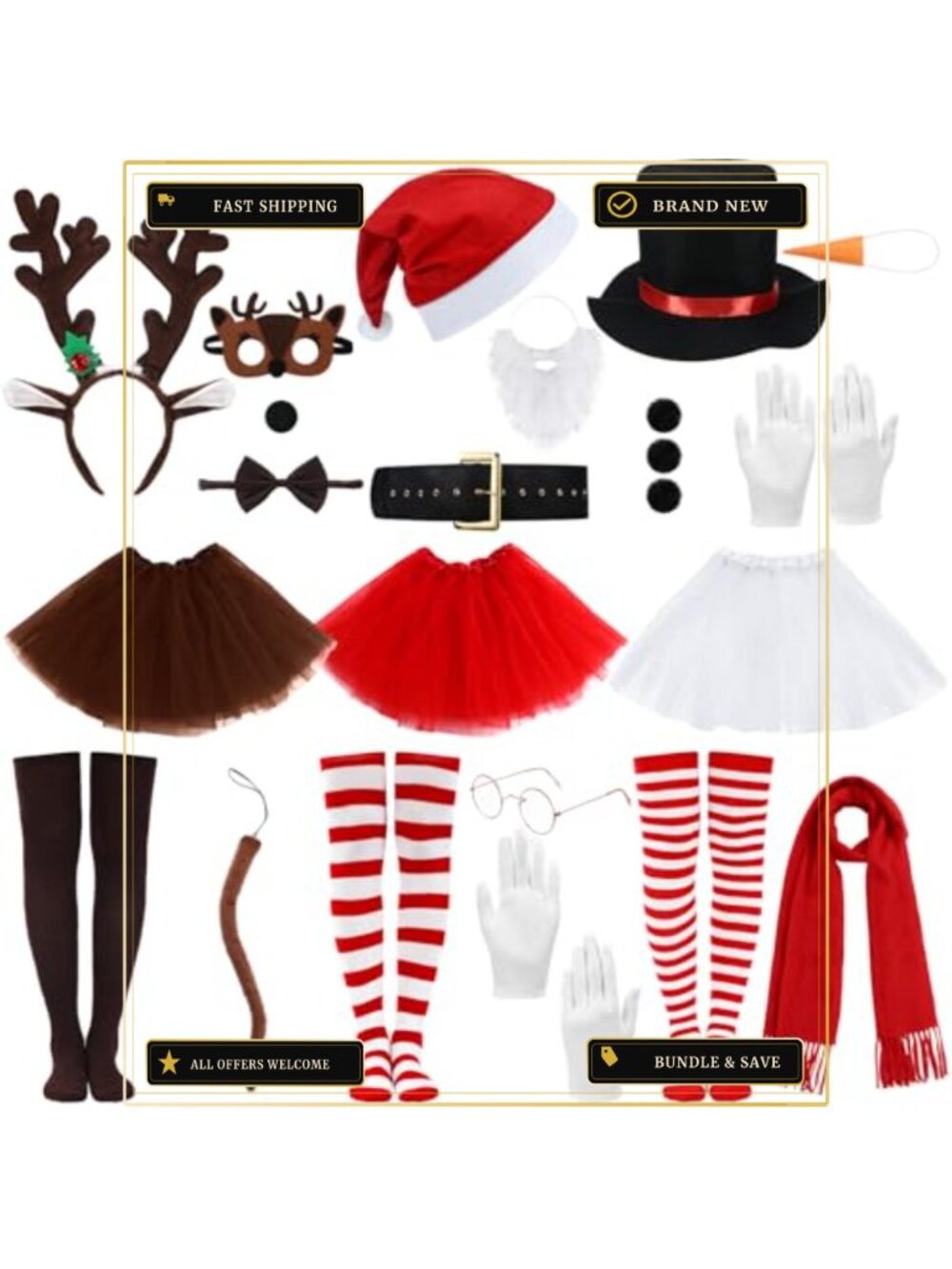 Adult Christmas Costume Set Santa Snowman Reindeer Tutu Kit Plush Polyester